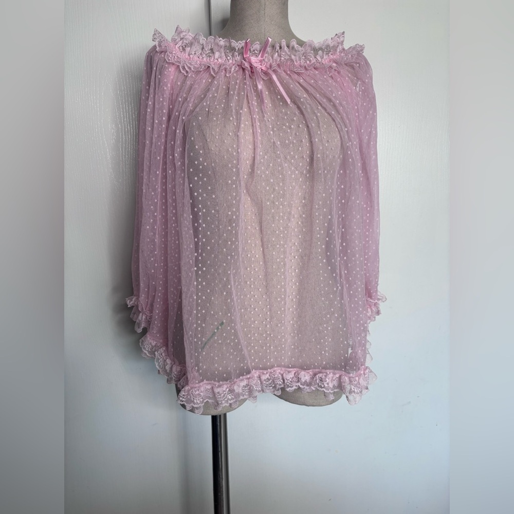 VTG Sheer Pink Mesh Lace Blouse - Coquette Dot Peignoir S